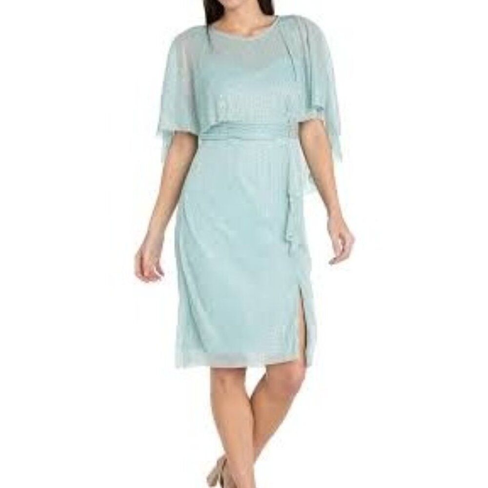 R&M Richards Cocktail Caplet Dress Seafoam Rhinestone Ruffle Mother Party Size18